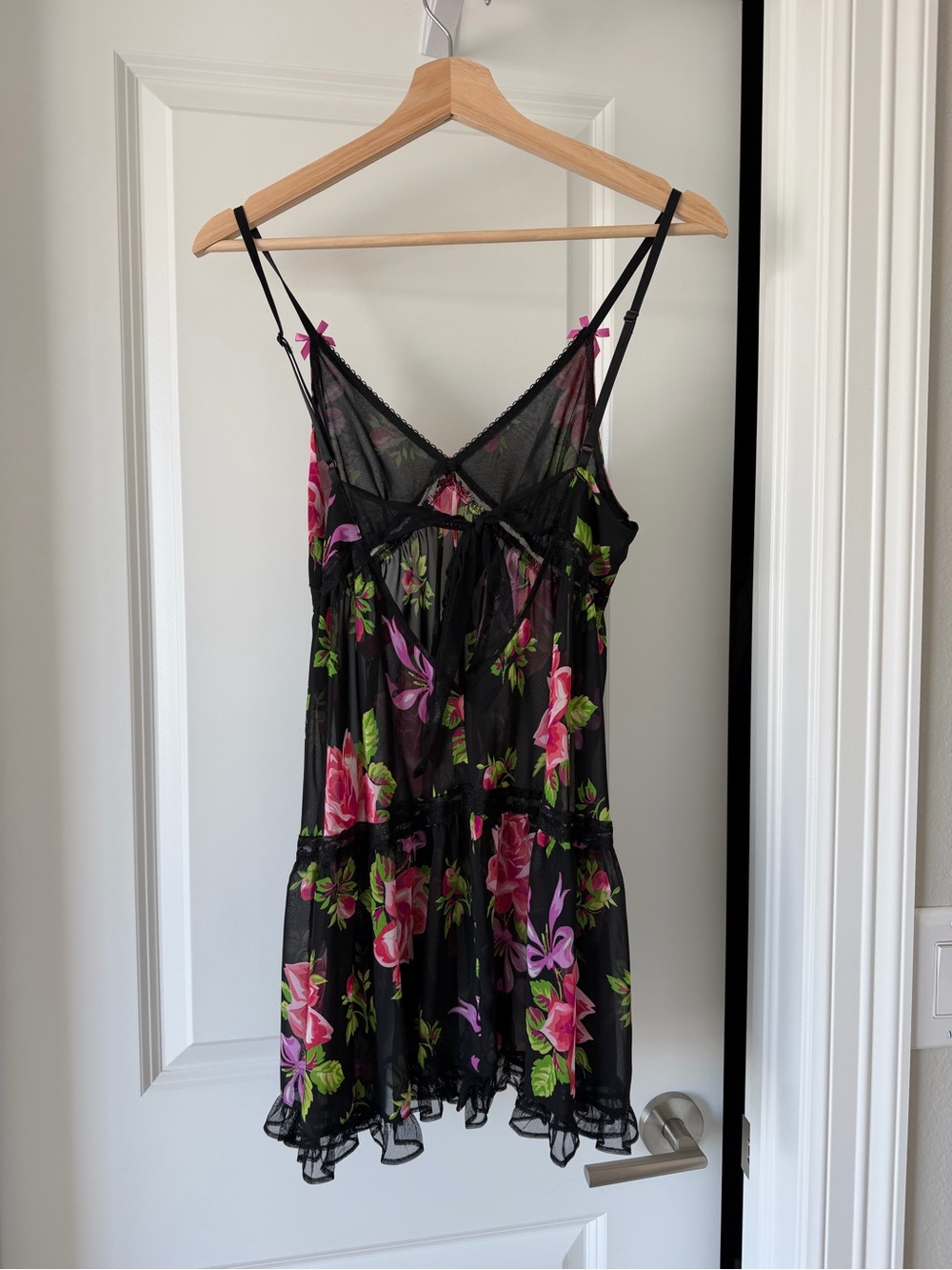 Betsey Johnson Black Sheer Floral Slip with Pink and Green Accents - Picture 4 of 5